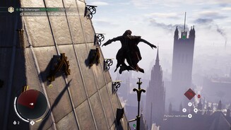 Assassins Creed SyndicateTolles Missionsdesign: Wir befördern uns per Greifhaken durch luftige Höhen, um Generatoren lahmzulegen. Bonusziel: Dem Boden nie zu nahe kommen.