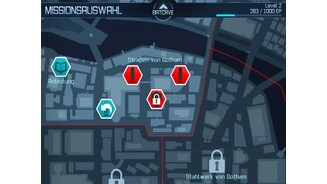 Batman: Arkham City LockdownAuf einer Karte von Gotham City suchen wir den nächsten Schauplatz aus, erledigte Locations darf man – bis auf die Bosskämpfe – beliebig oft besuchen.