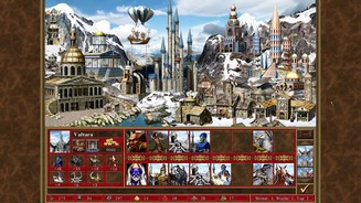 Heroes of Might + Magic 3 HDSuchtfaktor 3: Stadtausbau. Diese Stadt der Turm-Fraktion ist komplett aufgebaut, inklusive Grals»gebäude« – das Luftschiff oben links.