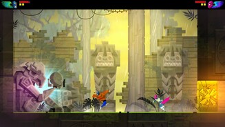 Guacamelee! Super Turbo Championship EditionNeue Fähigkeiten erhalten wir regelmäßig bei diesen Statuen. Der Rhythmus der Belohnungen ist fast perfekt und motiviert durchgängig zum Weiterspielen.