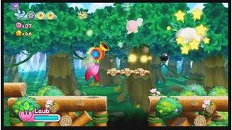 Kirbys Adventure WiiMit hilfreichen Gegenständen wie der Kanone muss man praktisch nur noch gerade aus laufen -- die Geschosse erledigen den Rest.
