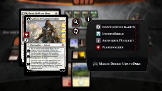 Magic DuelsPlaneswalker wie Gideon Jura haben drei Fähigkeiten, von denen wir eine pro Zug aktivieren können.