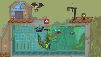 Scribblenauts UnlimitedEin T-Rex in einem Becken voller kleiner und großer Piranhas. Wer wohl gewinnt?