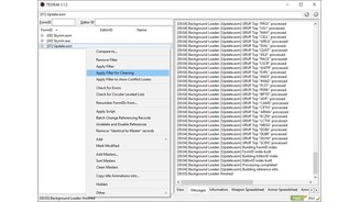 Es sollten nun im Fenster links drei Einträge auftauchen: »Skyrim.esm«, »Skyrim.exe« und »Update.esm«. Nun ein Rechtsklick auf »Update.esm« und dann auf »Apply Filter for Cleaning« klicken. Rechts im Log erscheint die Bestätigung »Filtering done«.