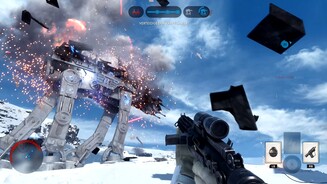 Star Wars: BattlefrontEiner unserer AT ATs bricht effektvoll zusammen, der zweite marschiert aber noch weiter auf die Rebellenbasis zu.