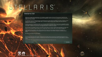 Stellaris 2.0Ein schnödes Textfenster begrüßt uns nach der Installation von 2.0, das die neuen Features nur unzureichend erklärt. Wer mehr wissen will, muss sich einarbeiten, oder Entwickler-Tagebücher lesen.