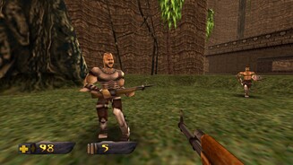 Turok: Dinosaur HunterDie menschlichen Gegner greifen mit einer Mischung aus primitiven und futuristischen Waffen an.