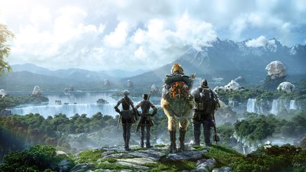Final Fantasy 14 Online - Spiele-Wallpaper mit Helden und Chocobos