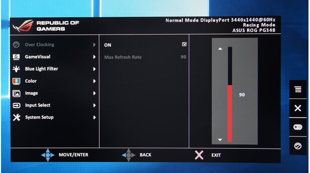 Asus PG348Q Menü - Übertaktung der Hertzzahl