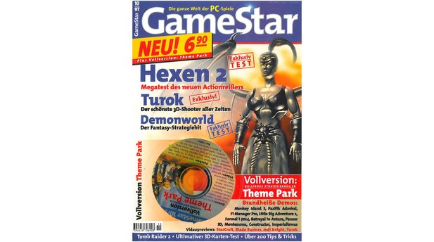 GameStar 101997Das erste GameStar-Heft hat als Titel-Story den Ego-Shooter Hexen 2 im Mega-Test. Außerdem im Heft: Previews zu Age of Empires, NHL 98, StarCraft, Blade Runner, Tomb Raider 2 und Turok. Im Test: u.a. Anstoss 2, Bombermann, Sonic 3D, Resident Evil und Bomberman.