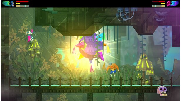 Guacamelee! Super Turbo Championship EditionAn bestimmten Stellen werden wir mit einem Pinata belohnt, wenn wir alle Gegner verdroschen haben. Die Papiertierchen beinhalten wertvolle Silbermünzen, die wir in Kostüme investieren können.