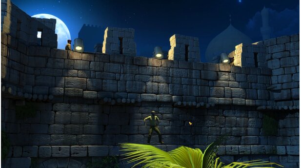 Lost Horizon 2Actionsequenzen lockern das Spiel auf. Hier schleichen wir durch das Scheinwerferlicht, wenn die Wachen auf der Mauer nicht hinschauen.