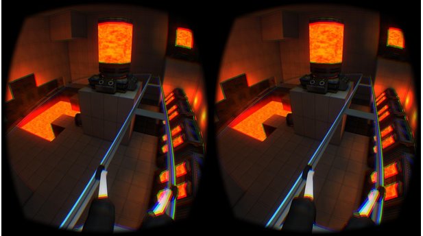 Der Achterbahn-Simulator für die Oculus Rift DK2 lässt uns durch das nach vorne oder hinten lehnen die Wahl, wie schnell wir durch die stimmig beleuchteten Räume fahren.