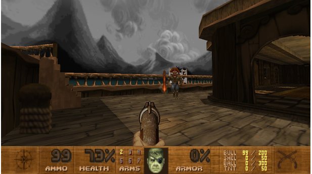 Pirate DoomAlle Monster haben eine grafische Piratisierung hinter sich und tragen Hosen, Hüte und Augenklappen. Imps werfen anstatt Feuerbällen jetzt Beile.