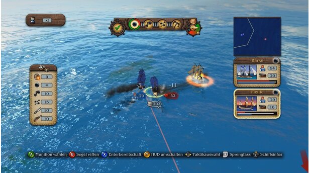 Port Royale 3 (Xbox 360)Mit einer ordentlichen Breitseite, schicken wir diese Piraten im Seegefecht gerade auf den Grund des Meeres.
