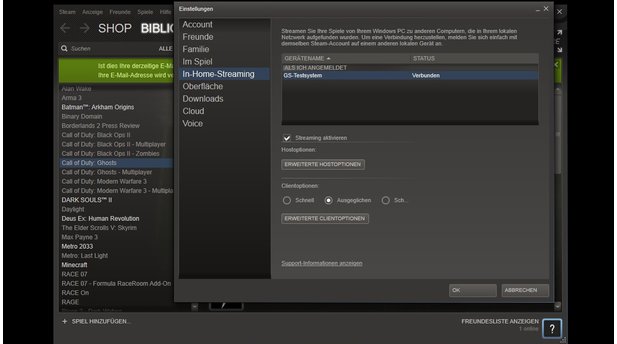Seit Kurzem finden Sie im Steam-Menü einen neuen Reiter für das In-Home Streaming. Hier sehen Sie, welche Computer im Netzwerk mit Ihrem Account angemeldet sind und können verschiedene Einstellungen für den Sender und den Empfänger festlegen.