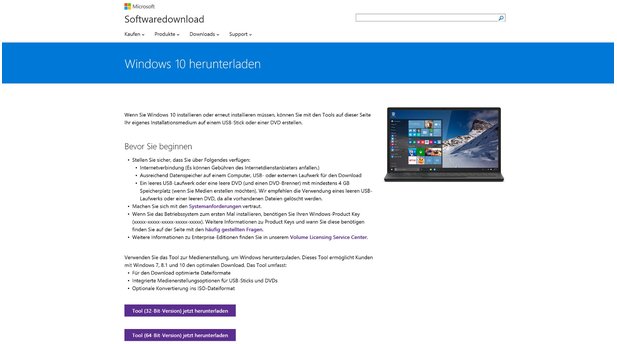 Microsoft bietet das »Media Creation Tool« zum Download an. Damit können Sie Windows 10 herunterladen und auf Wunsch auch einen bootfähigen USB-Stick damit erstellen.