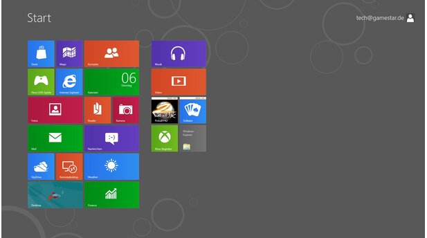 Nach erstmaligem Anmelden sind nur wenige Kacheln auf dem MetroUI-Startbildschirm zu sehen.