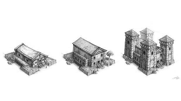 World of Warcraft: Warlords of Draenor - HousingDiese Konzeptzeichnung zeigt die drei Ausbaustufen der Garnisonskaserne. Horde- und Allianz-Gebäude passen zur fraktionseigenen Architektur.