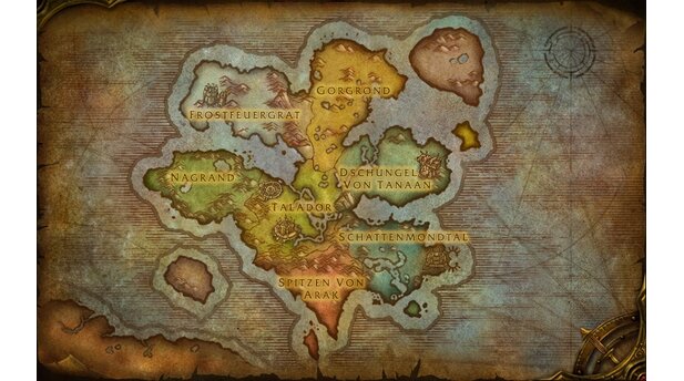 World of Warcraft: Warlords of Draenor - ZonenDer neue Kontinent ist in sieben Zonen aufgeteilt, nur das Schattenmondtal und Nagrand haben ihren Namen auch noch zu Zeiten der Scherbenwelt behalten.