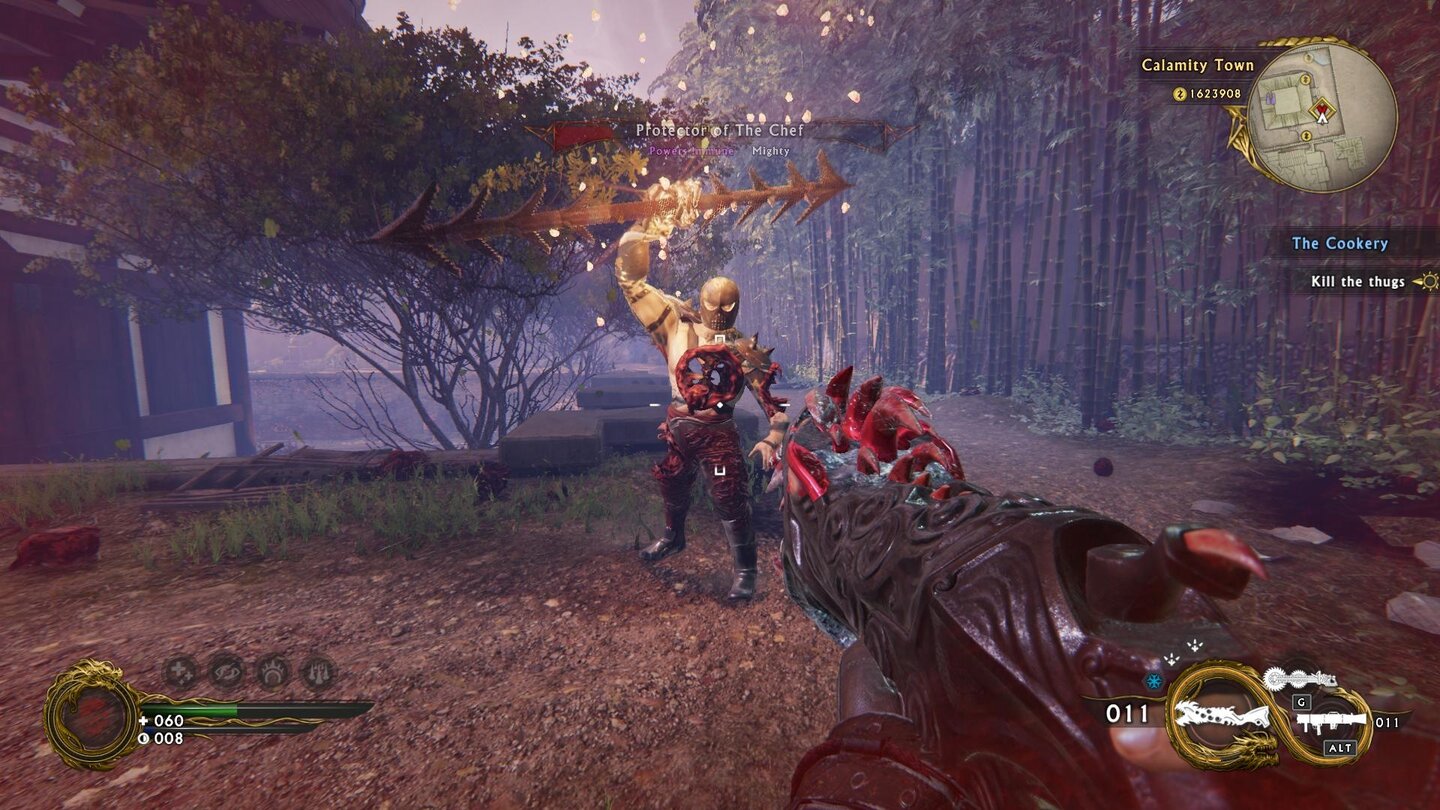 Shadow Warrior 2Halber Arm ab, Oberschenkel futsch, Loch im Bauch. Und er kämpft weiter. Und dann gibt es Leute, die sich wegen einer lächerlichen Erkältung krankschreiben lassen.