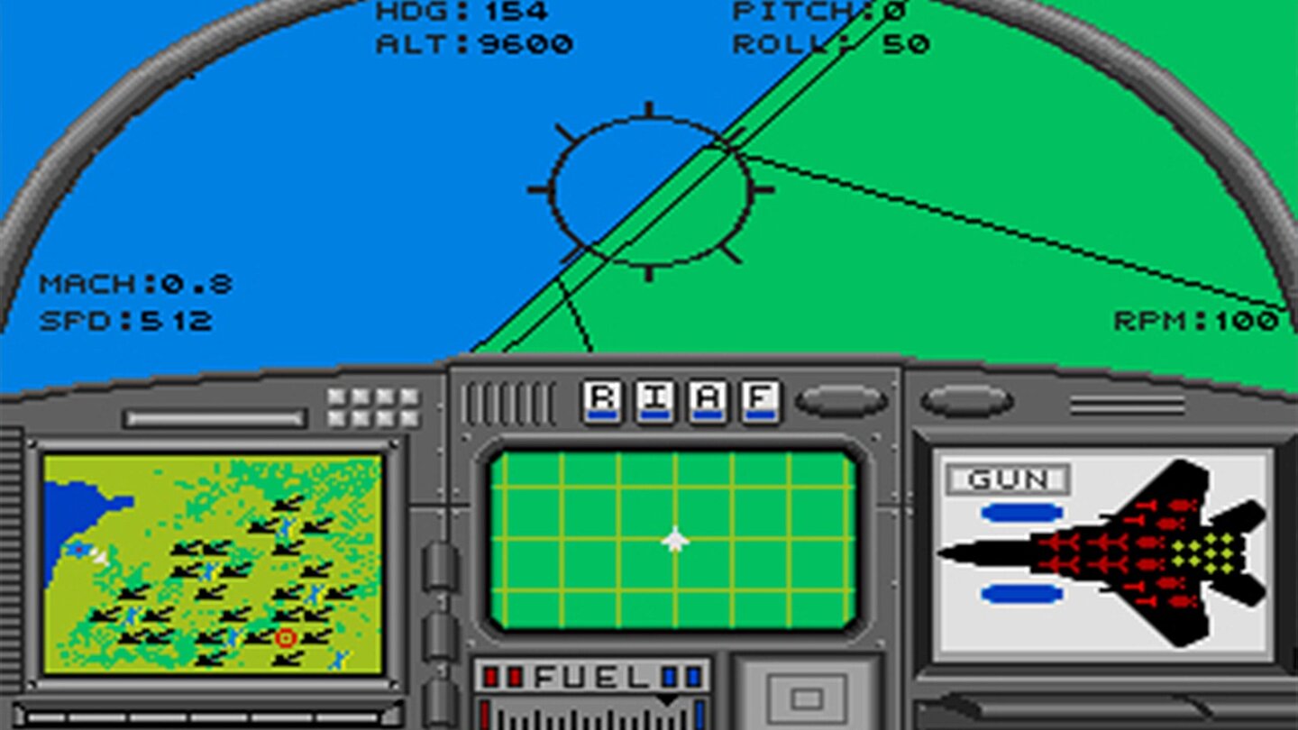 F-15 Strike Eagle (1984)Sids nächste Flugsimulation gilt als erster Genrevertreter mit 3D-Jets. Das Flugmodell ist eher unrealistisch, aber das stört damals niemanden.