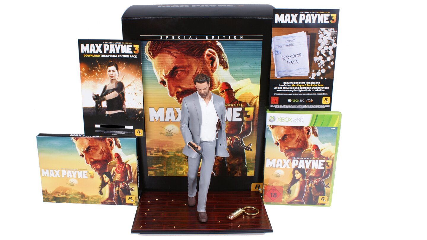 Max Payne 3 - Die Special Edition ausgepacktFür 100 Euro lohnt sich die Special Edition zu Max Payne 3 eher nicht. 50 Euro Aufpreis für eine hässliche Statue, einen Schlüsselanhänger und einige Downloadcodes sind uns etwas zu happig.