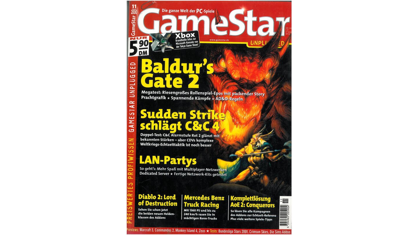 GameStar 11/2000Baldur's Gate 2-Titelstory und Previews zu WarCraft 3, Commandos 2, Monkey Island 3 und Zeus. Tests zu Half-Life: Team Fortress Classic, Carmageddon TDR, Die Sims: Das Volle Leben und Fußball Manager 2001. Reports: Die Xbox Offensive, Unreal 2-Engine.