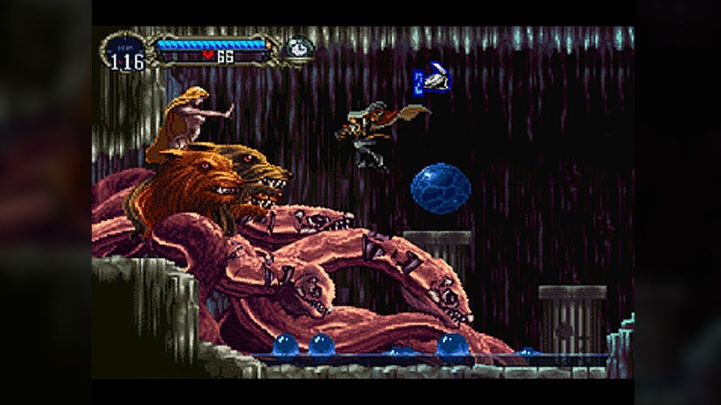 Castlevania: Symphony of the Night (PlayStation, 1997)
Fünf Jahre (1797) nach den Ereignissen von Rondo of Blood versucht der dunkle Priester Shaft (!), Dracula zu erwecken. Richter Belmont verschwindet zudem spurlos, Maria macht sich auf die Suche nach ihm. Diese Ereignisse wecken Alucard, den Sohn Draculas, der seine Mutter rächen und seinen Vater und Shaft aufhalten will.
Nach Castlevania 2 kehren erstmals die Rollenspiel- und Adventure-Elemente zurück, Draculas Schloss ist frei begehbar und zwischen den Charakteren entspinnen sich Dialoge.
Allein die Portierung auf europäische Systeme ließ zu wünschen übrig, die deutsche PlayStation-Version hatte schwarze Balken oben und unten und lief 17% langsamer als die japanische Variante.