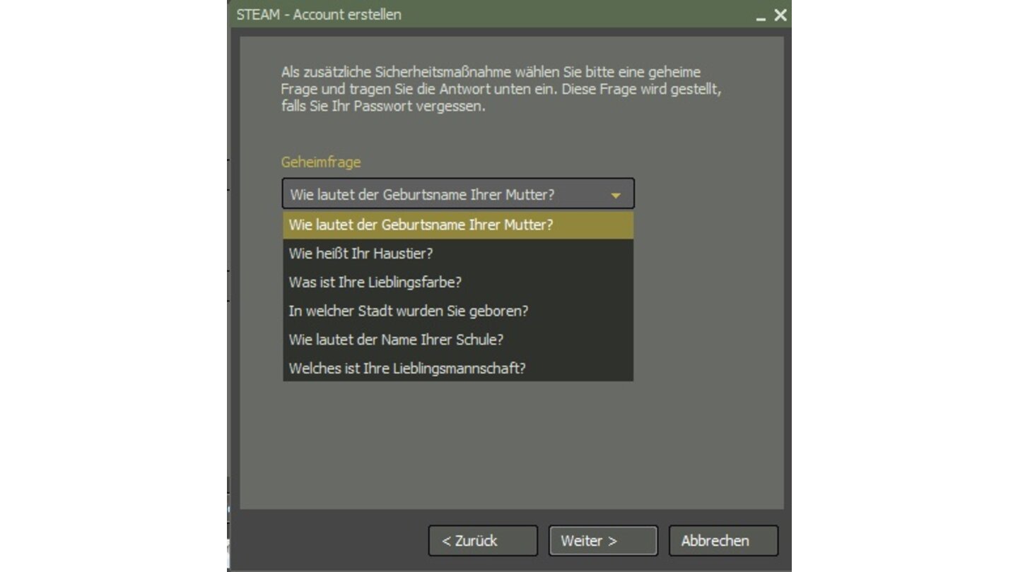 14. Mithilfe der Geheimfrage können Sie ihr Passwort im Notfall wiederherstellen. Wählen Sie eine Frage aus der Liste aus und achten Sie darauf keine zu komplexen Antworten zu geben.