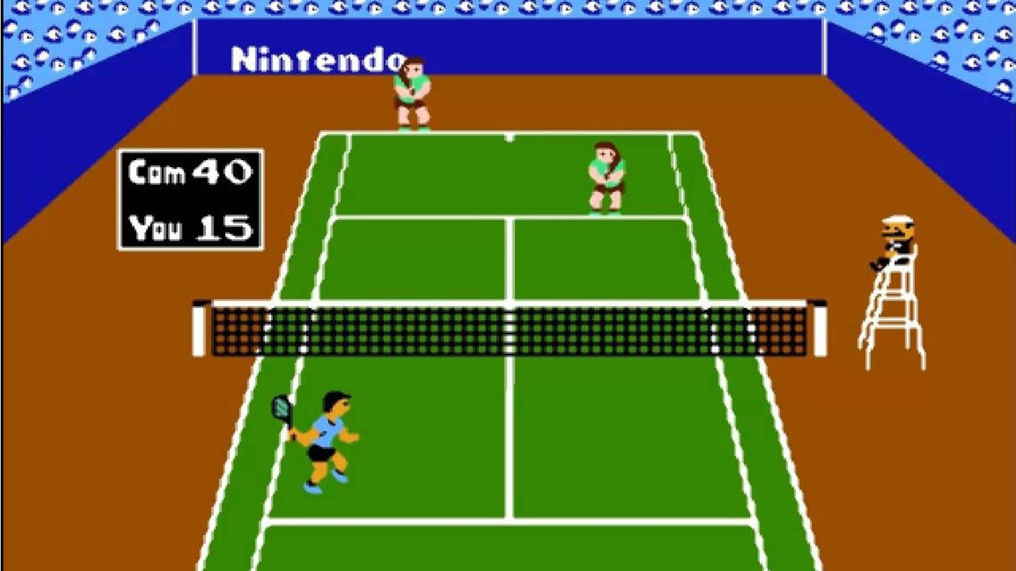 Tennis (1984)In Nintendos Tennis hat Mario völlig ungewohnt nur eine Gastrolle. Das Spiel gehört zur Minigame-Sammlung WarioWare: Twisted! Und lässt den Spieler Tennismatches bestreiten. Zunächst wirkt das Spiel nicht wie ein typischer Mario-Titel, doch der Look des bärtigen Schiedsrichters ist dann doch eindeutig.