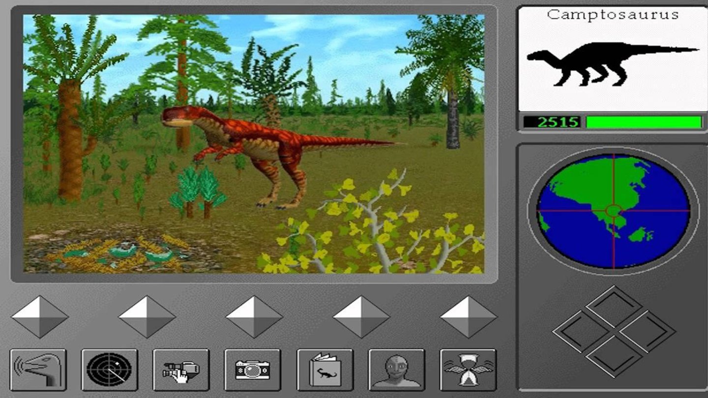 Dinosaur Safari (1996)Dinosaur Safari ist ein Projekt von 1996, das spielerisch Wissen über Dinosaurier vermitteln soll. Wie das der gute Tourist auf einer interaktiven Safari nun einmal macht, knipst Spieler fleißig Fotos und wertet sie aus, damit er neue Funktionen wie eine Videokamera freischalten kann. Aber Achtung, so manch scharfzähniges Ungetüm könnte vielleicht etwas dagegen haben.