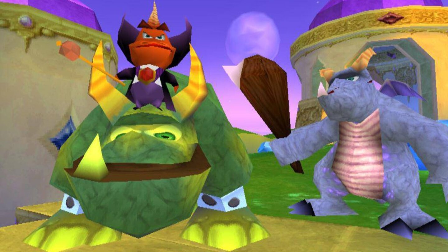 Spyro 2: Ripto’s Rage! (1999)Die Fortsetzung von 1999 führt den violetten Drachenheld Spyro nach Avalar, wo sich ein fieser Magier eingenistet hat. Begleitet wird dieser von den zwei etwas stumpfsinnigen Dinos Crush und Gulp, die beiden Seiten das Leben gleichermaßen schwer machen.