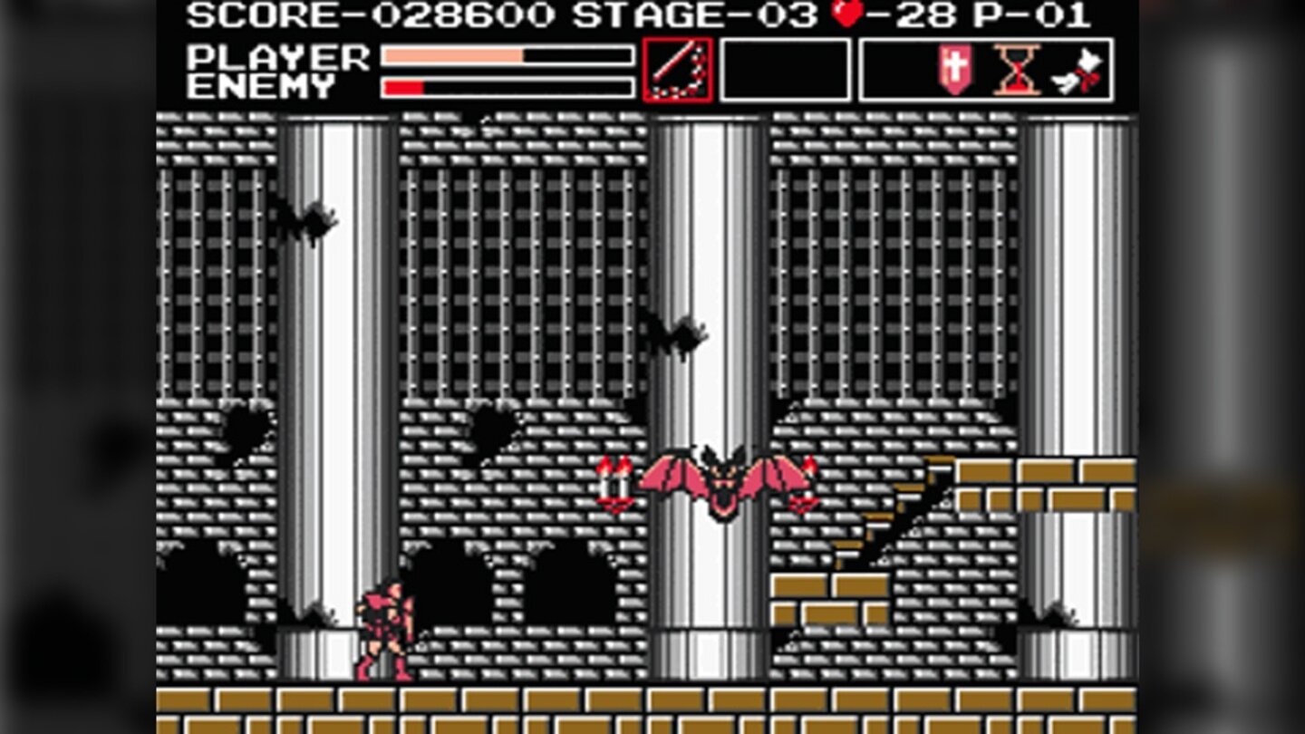 Vampire Killer (MX2, 1986)
Bereits einen Monat nach Castlevania erschien in Europa und Japan Vampire Killer für das MX2-System. Das war Castlevania nicht unähnlich, orientierte sich bei der offeneren Spielwelt jedoch mehr an Metroid, das im selben Jahr erschien.