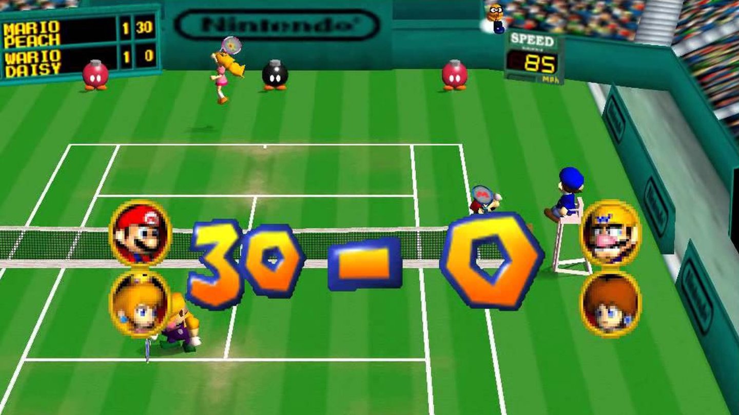 Mario Tennis (2000)Während Mario beim ersten Tennis nur Schiedsrichter sein durfte, darf er hier auch mitspielen. Außerdem wird Luigis böse Version Waluigi neu eingeführt, Prinzessin Daisy und die pinke, dinoartige Birdo sind auch mit von der Partie.