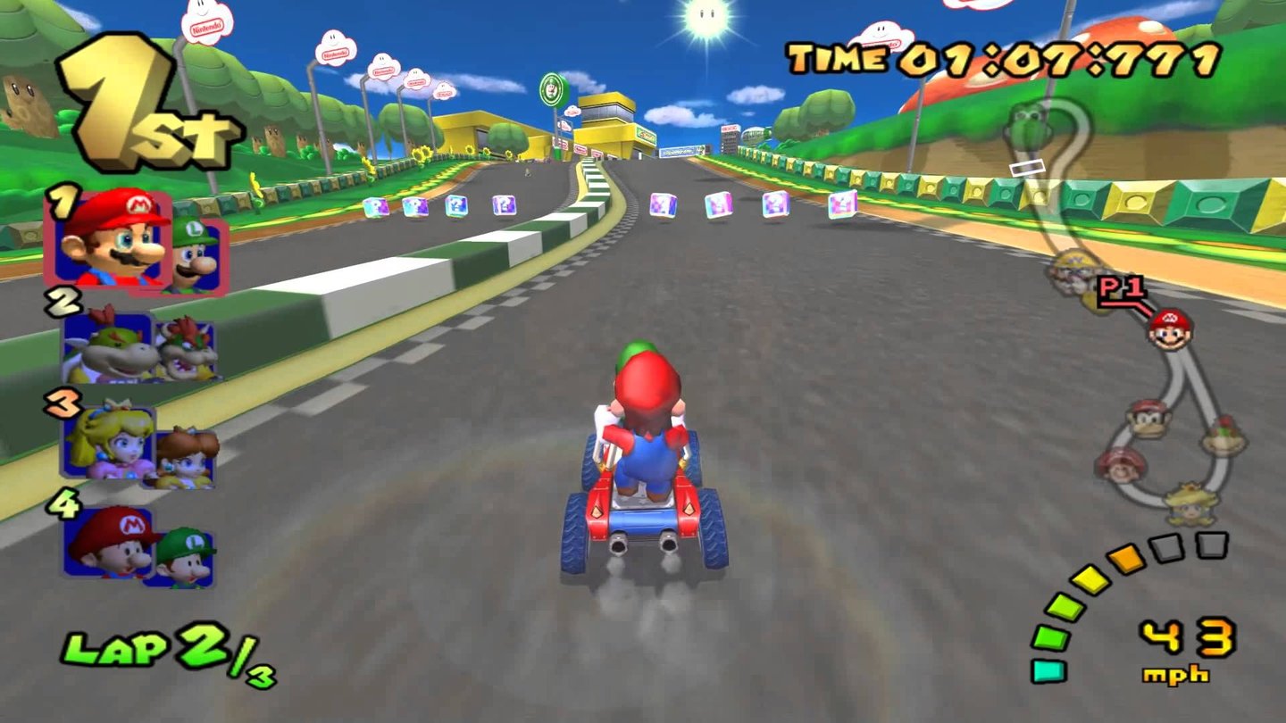 Mario Kart: Double Dash!! (2003)Das vierte Rennspiel im Klempnerdesign führt die niedliche Pilzdame Toadette als Charaktere ein. Außerdem ist es der ideale Racer für Pärchen, ist es doch das einzige Konsolen-Mario-Kart, in dem Karts zu zweit gefahren werden können: Ein Spieler fährt, der andere verteilt fiese Items auf der Strecke.