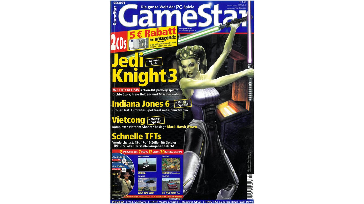 GameStar 5/2003Jedi Knight 3-Titelstory und Previews zu Spellforce, Commandos 3, America 2 und Tropico 2. Außerdem: Indiana Jones 6, NHL 2002, Diablo 2, Jurassic Park Operation Genesis und DTM Race Driver im Test. Reports über Böses C&C Generals, Raubkopien 2003 und Fan-Remakes.