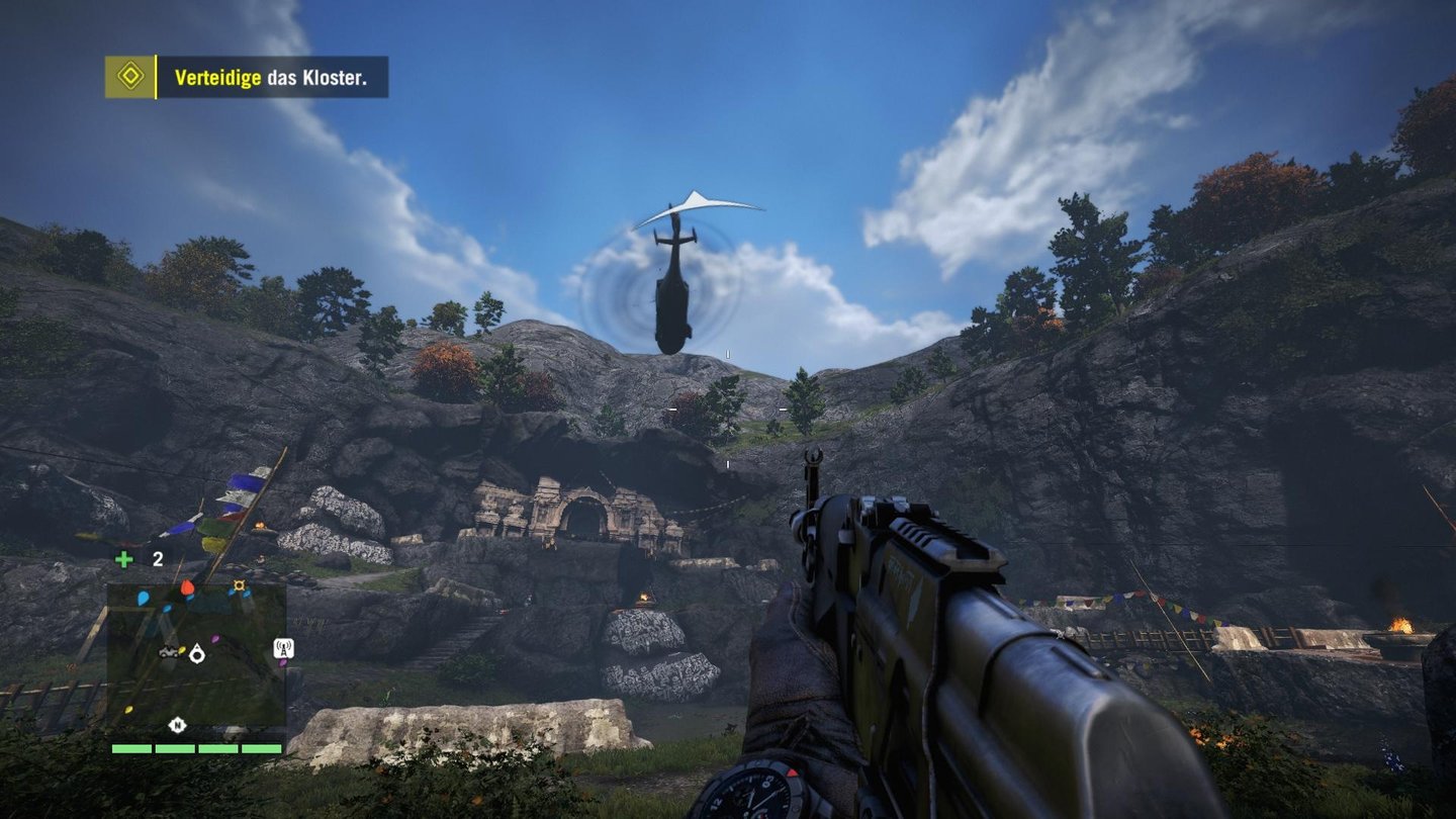 Far Cry 4Die Gegner schicken Nachschub via Helikopter. Und wir haben keinen Raketenwerfer dabei. Verflixt!