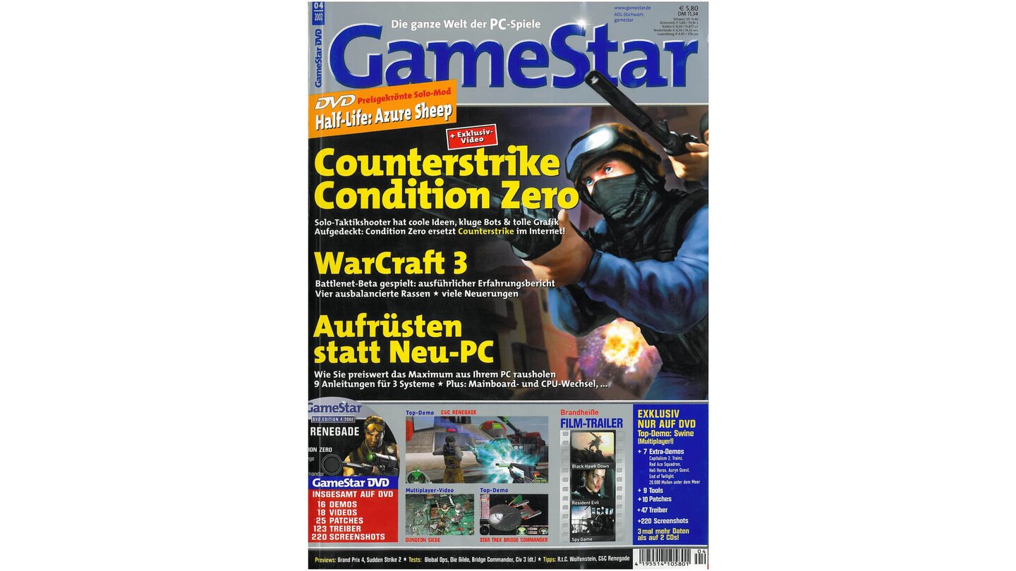 GameStar 4/2002Counter-Strike: Condition Zero-Titelstory, Previews zu WarCraft 3, Robin Hood, Morrowind, Mafia, No One Lives Forever 2, und Grand Prix 4. Außerdem Star Wars: Starfighter, Jagged Alliance 2: Unfinished Business, You Don't Know Jack, Civ 3, Die Gilde und Winterspiele 2002 im Test. Report zum Spieleshop Internet.