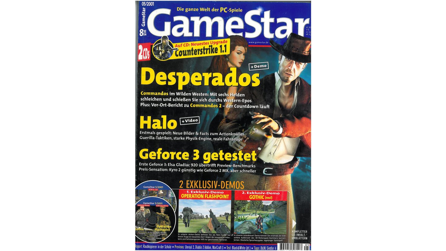 GameStar 5/2001Desperados-Titelstory, Previews zu Halo, Unreal 2, warCraft 3, Mafia und Battle Realms. Außerdem: Tests zu Transport Tycoon, Die Sims: House Party, Sudden Strike, Cultures: Rache des Regengottes und Combat Command. Reports zu Raubkopierern in der Schule.