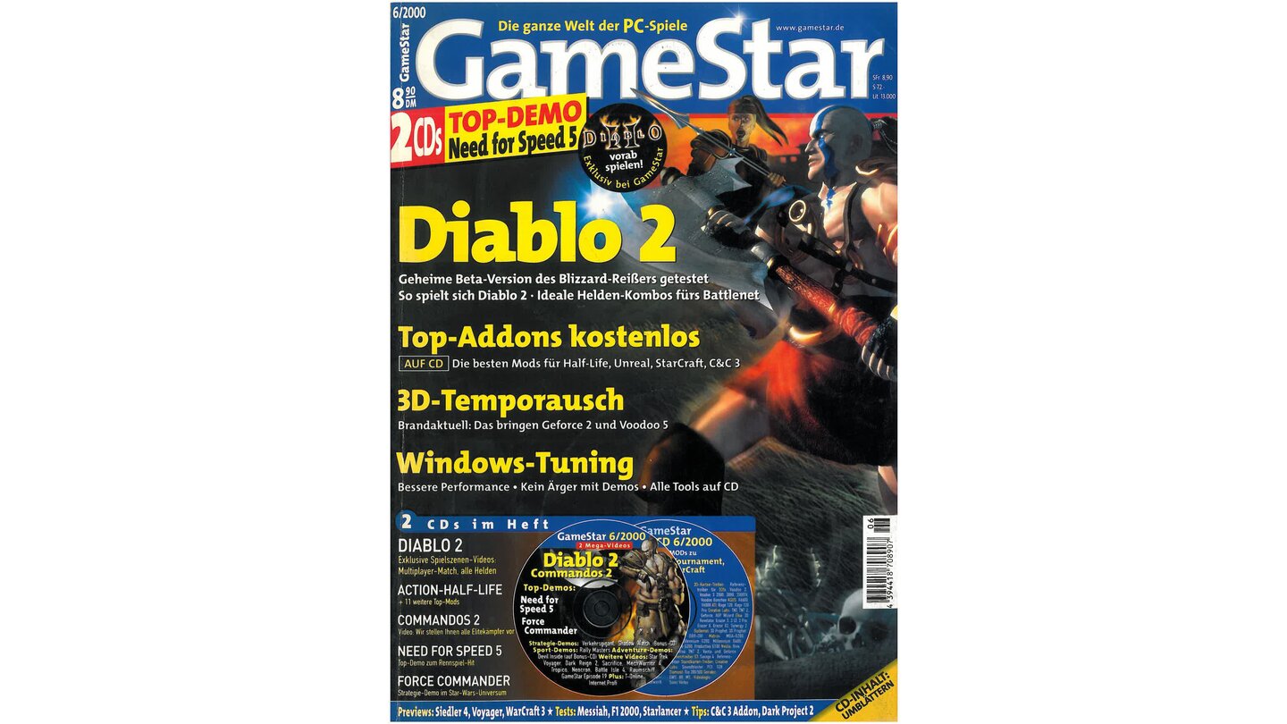 GameStar 6/2000Diablo-2-Titelstory mit großem Vorabtest, Battlenet-Ratgeber und Fünf gegen Diablo.
Außerdem: Previews zu WarCraft 3, Die Siedler 4, Tropico, Alone in the Dark 4 und Baldur's Gate 2. Tests zu Time Machine, Messiah, Nascar 2000, Lemmings, Revolution und Ancient Conquest.