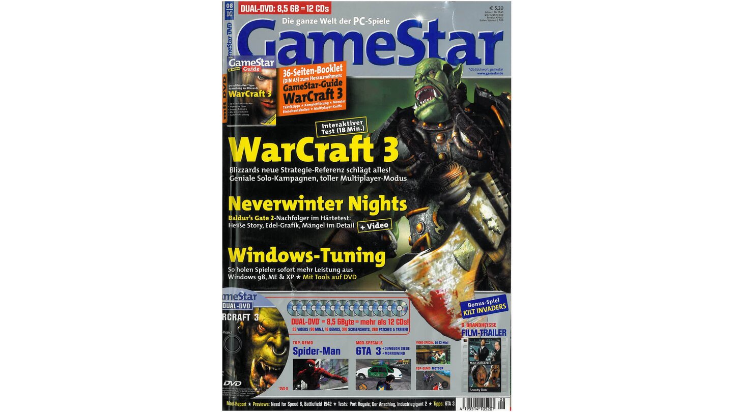 GameStar 8/2002WarCraft 3-Titelstory mit Mehrspieler-Check, Technik-Check und allem über den World-Editor und was es sonst noch so zu entdecken gibt. Außerdem: Mafia,Battlefield 1942, Need for Speed: Hot Pursuit 2 und Gothic 2 in der Preview. Tests zu Pharao, Der Anschlag, Age of Wonders 2, 4x4 Evo 2 und Dark Project. In dieser Ausgabe handelt der Report von Mods.