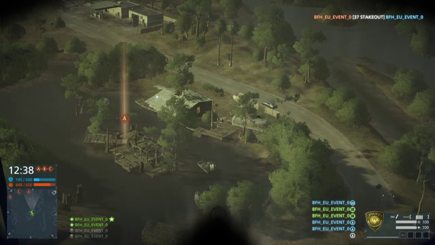 Battlefield HardlinePunkt A auf Everglades: ein altes Holzhaus, das im niedrigen Wasser steht.