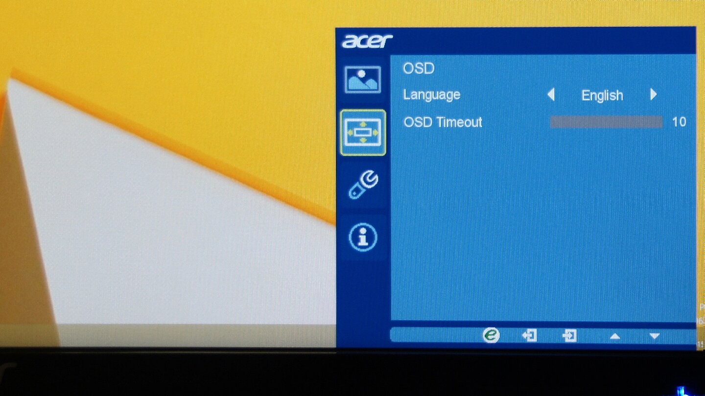 Acer XB270HU – MonitormenüDer zweite Eintrag im Hauptmenü enthält nur die Sprachoption und die Dauer der Anzeige des Menüfensters.