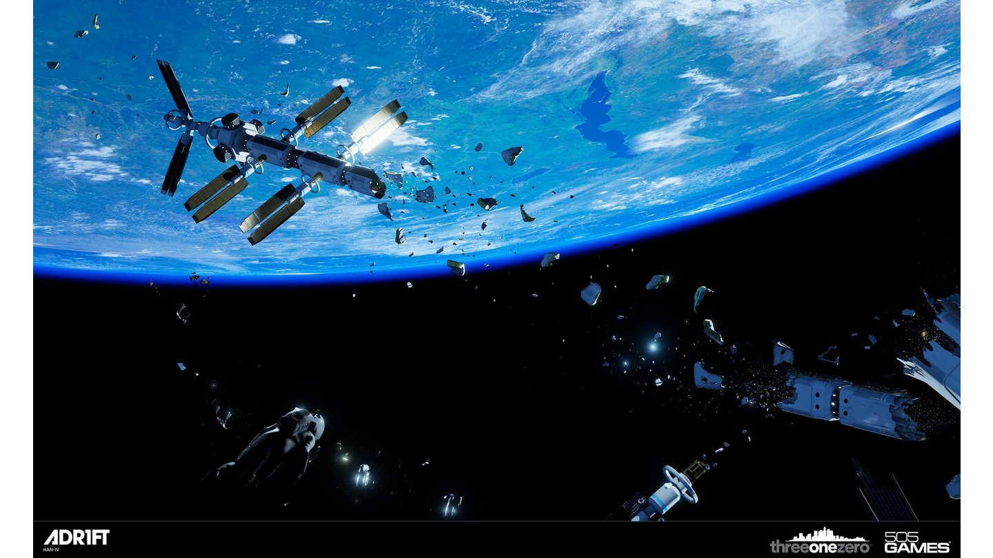 AdriftDie zerstörte Raumstation schwebt in Bruchstücken über der Erde.
