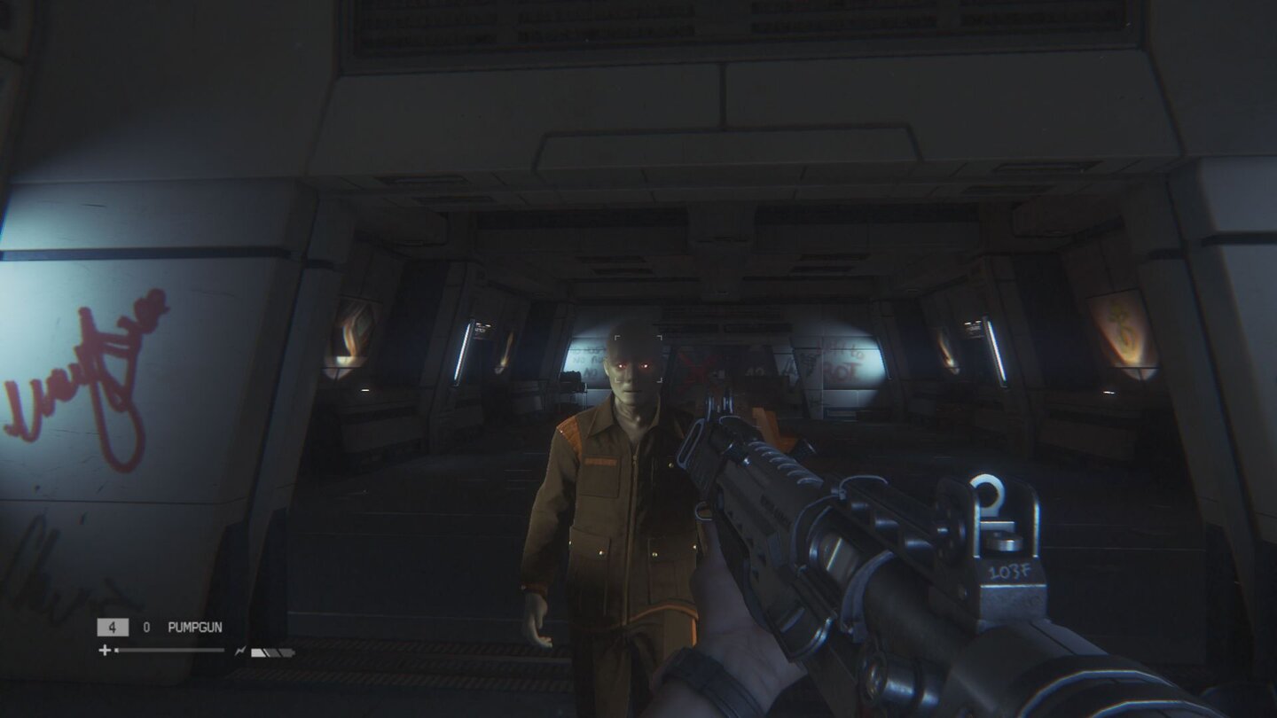 Alien: Isolation - PS4-Screenshots aus der Test-VersionEin präziser Kopftreffer mit der Pumpgun schaltet die kampflustigen Androiden sofort aus.