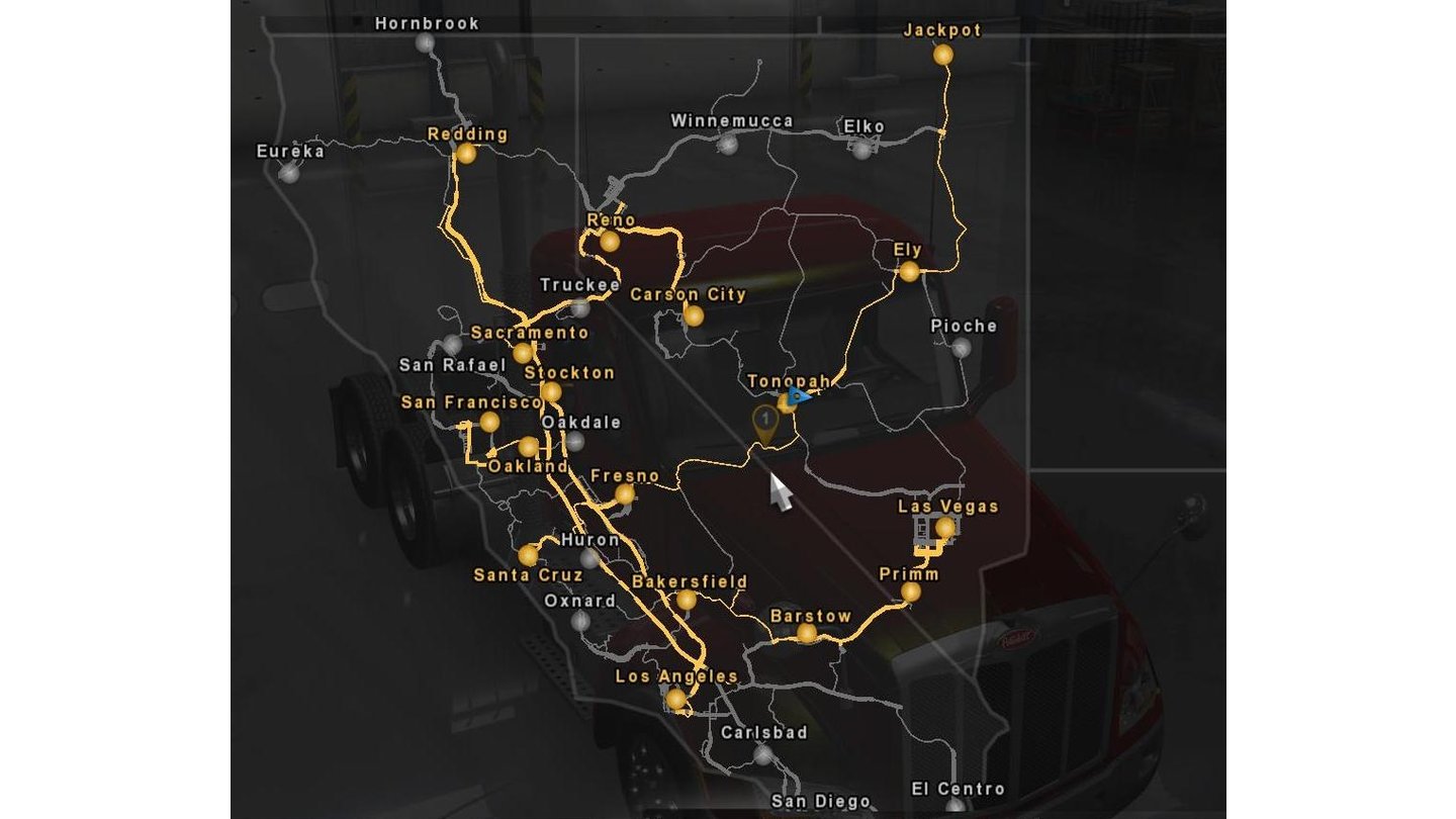 American Truck Simulator Ausbaufähig: Die aktuelle Karte umfasst die Bundesstaaten Kalifornien und Nevada und 30 mehr oder weniger bekannte Städte.