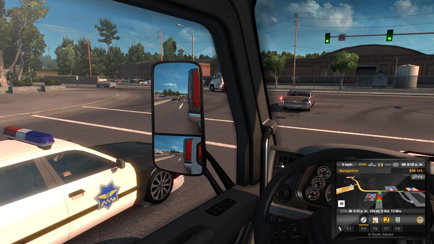 American Truck Simulator Wer zu schnell fährt, den bestraft die Polizei. Hier knöpfen die Herren links unserem Brummifahrer gleich heftige 1.000 Dollar ab.