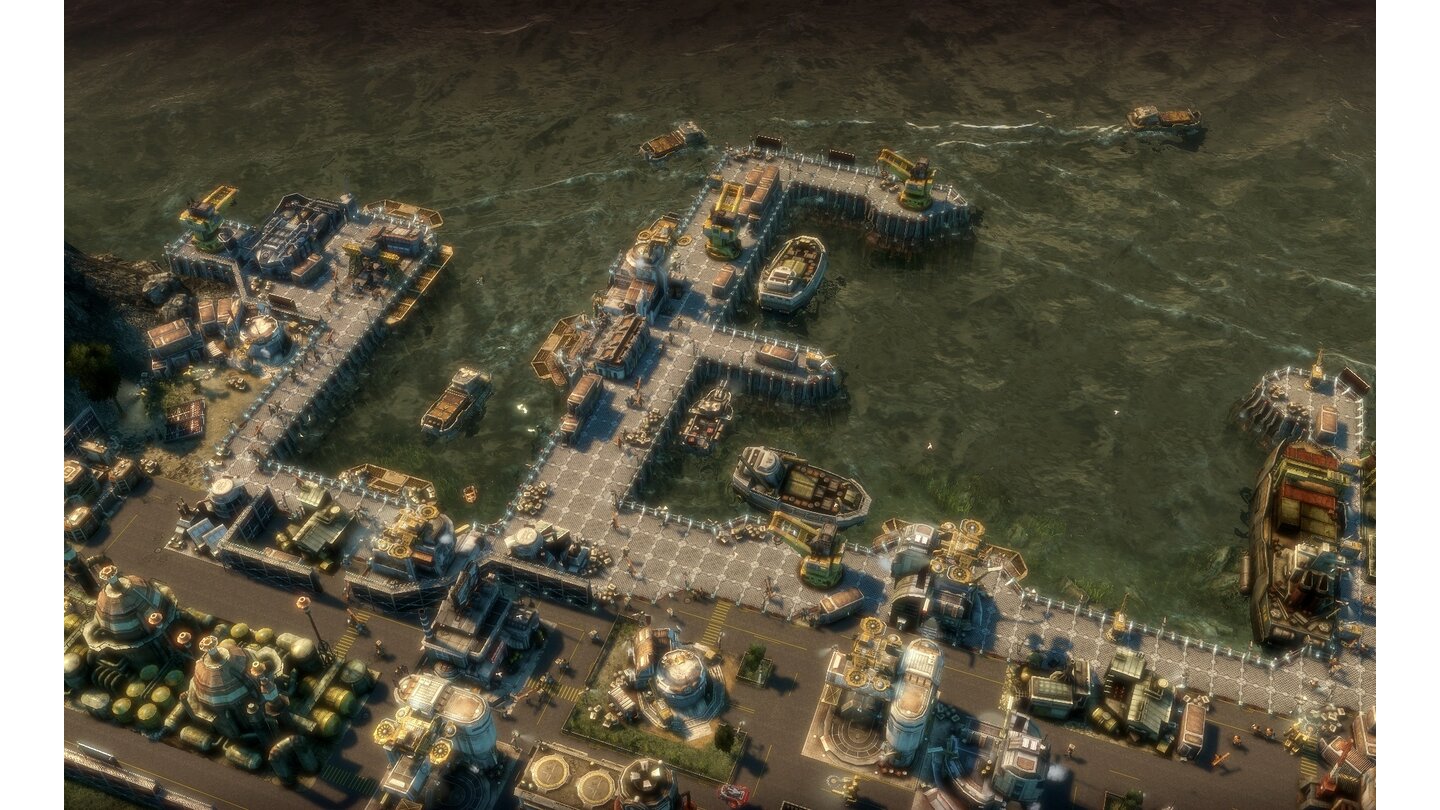 Anno 2070Der Hafen ist Anno-typisch das Handelstor in die Welt, denn hier kommen Waren von andern Inseln an.