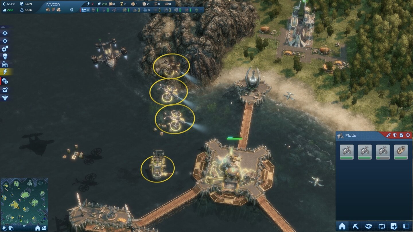 Anno 2070Mit drei Chopper-Hubschraubern und einem Viper-Kriegsschiff überfallen wir ein Kontor. Der Hawk links oben kann angeschlagene Depots erobern.